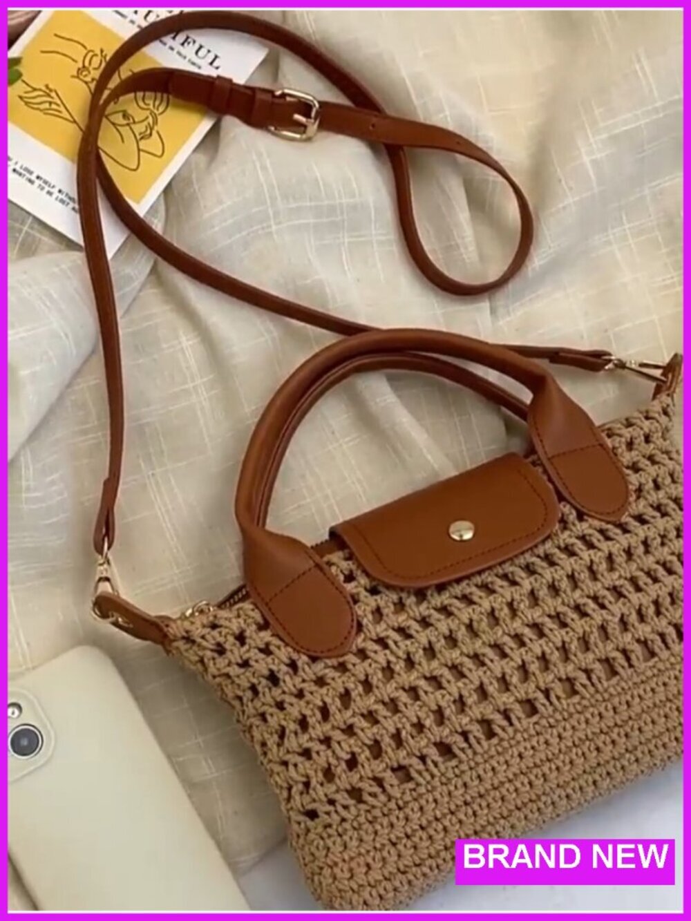 Crochet Tote Bag Small Boho Handbag Leather Trim Crossbody Purse Woven Shoulder - Picture 6 of 6